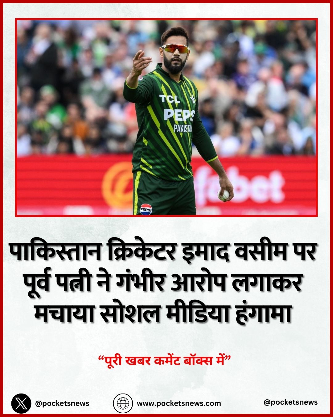 पाकिस्तान क्रिकेटर इमाद वसीम पर पूर्व पत्नी ने गंभीर आरोप लगाकर मचाया सोशल मीडिया हंगामा