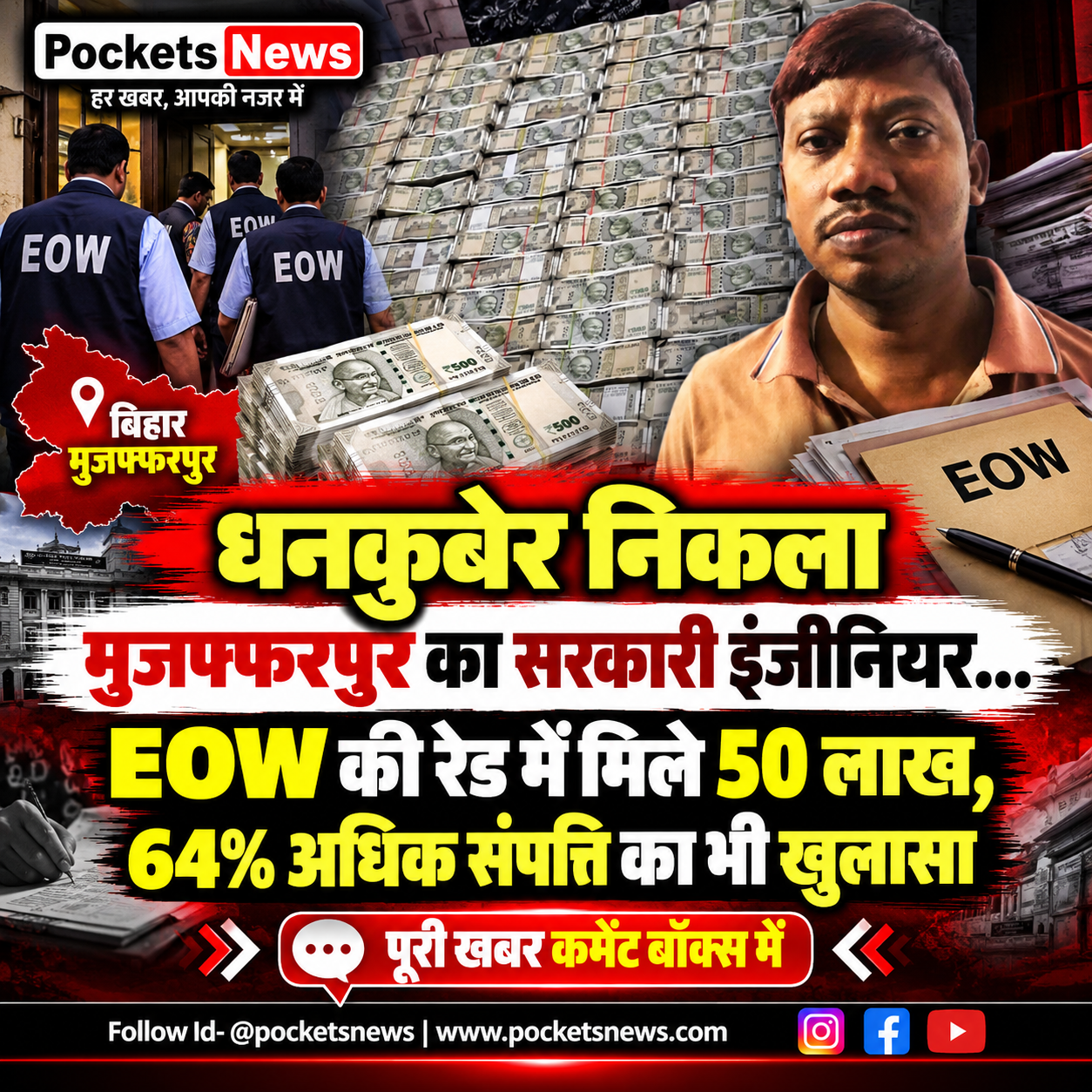 धनकुबेर निकला मुजफ्फरपुर का सरकारी इंजीनियर… EOW की रेड में मिले 50 लाख, 64% अधिक संपत्ति का भी खुलासा